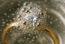 Auksinių sužadėtuvių žiedų priežiūra: kaip išlaikyti spindesį sužadėtuvių žiedo priežiūra – auksinis žiedas su deimantu valomas vandenyje su burbuliukais.