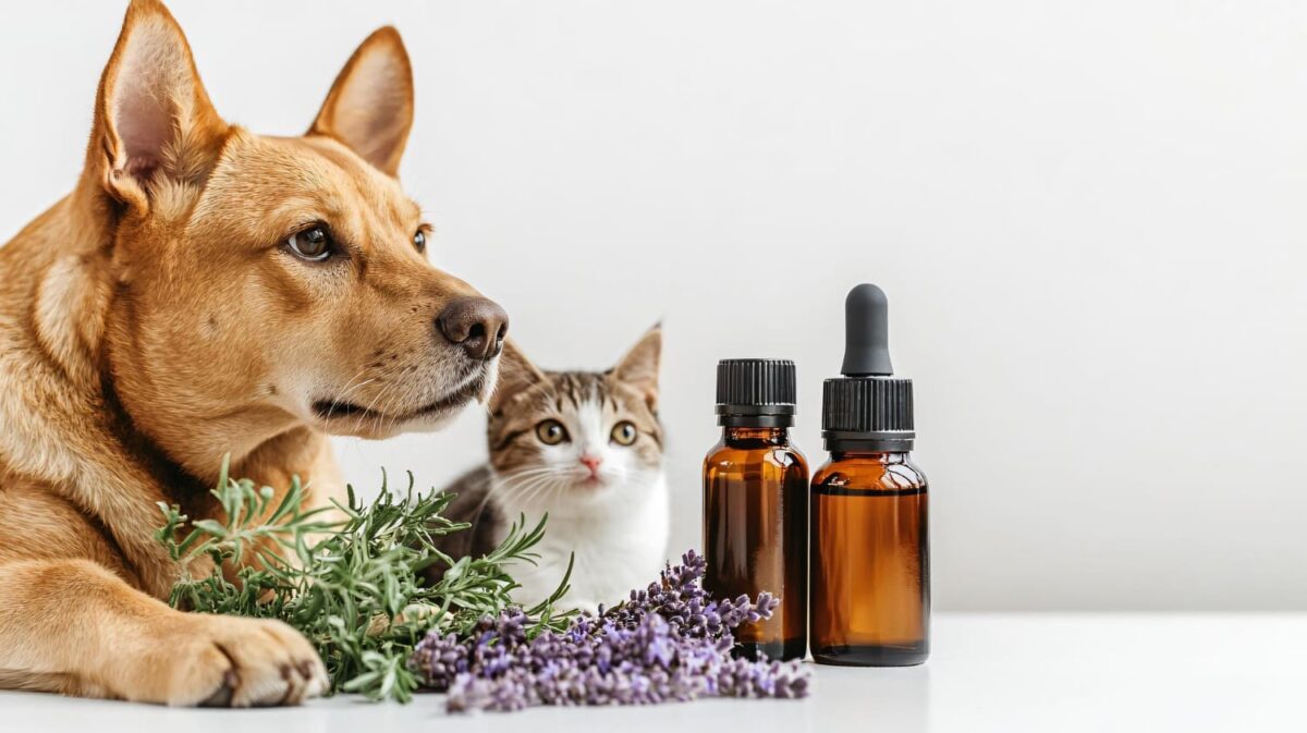 Gyvūnų aromaterapija. Katė su šuniu degustuoja kvapus.