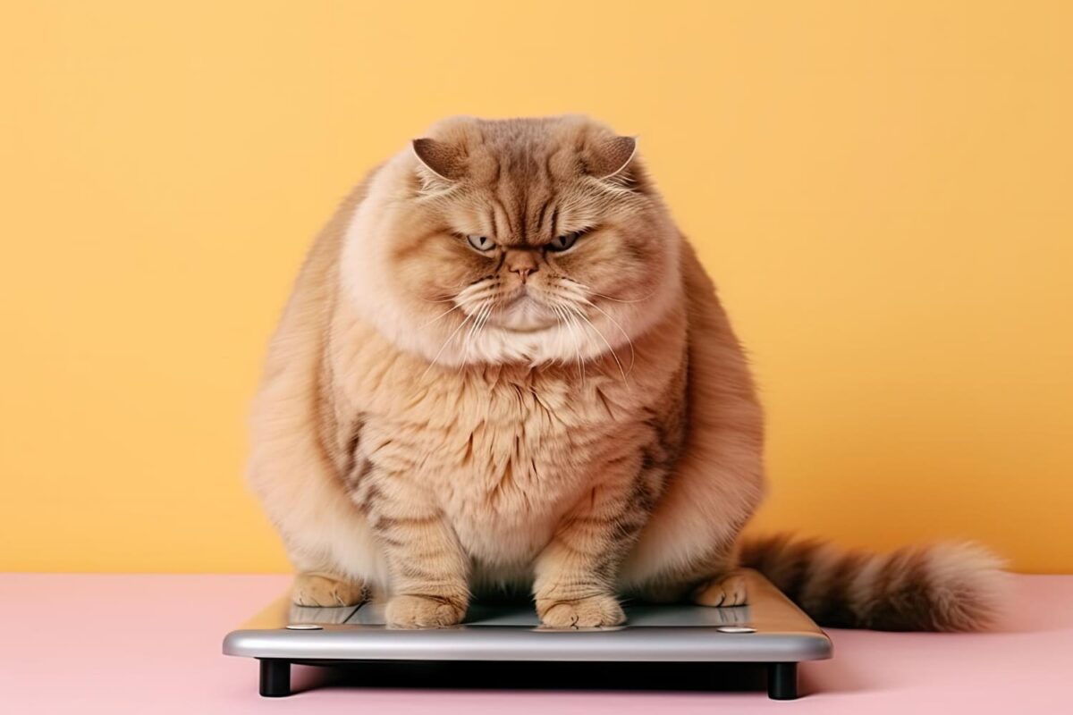 Kaip pasverti katę. Katė sveriasi ant svarstyklių.